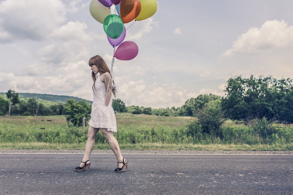 balloons, girl, walking